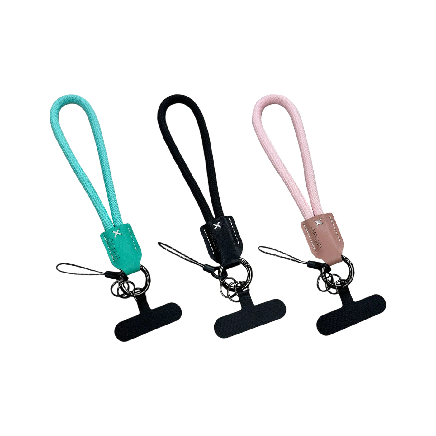 Three camera wrist strap holders with different colored straps on a white background