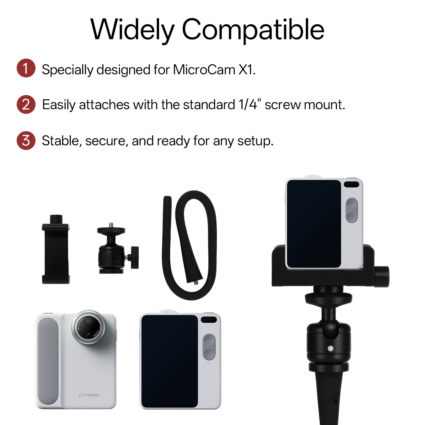 Product compatibility features with MicroCam X1 on a white background