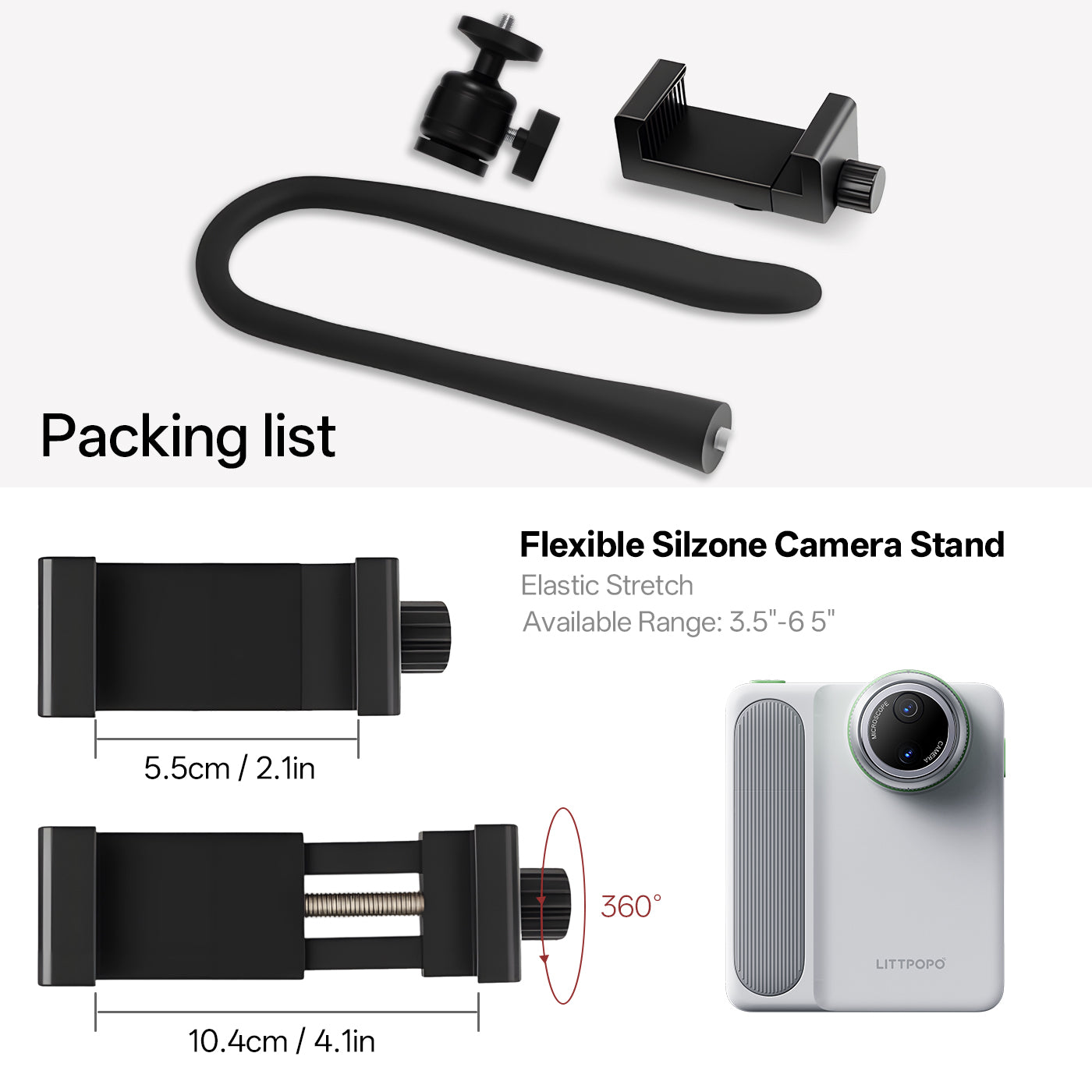 Packing list of a flexible silicone camera stand with measurements and a camera device on a white background.