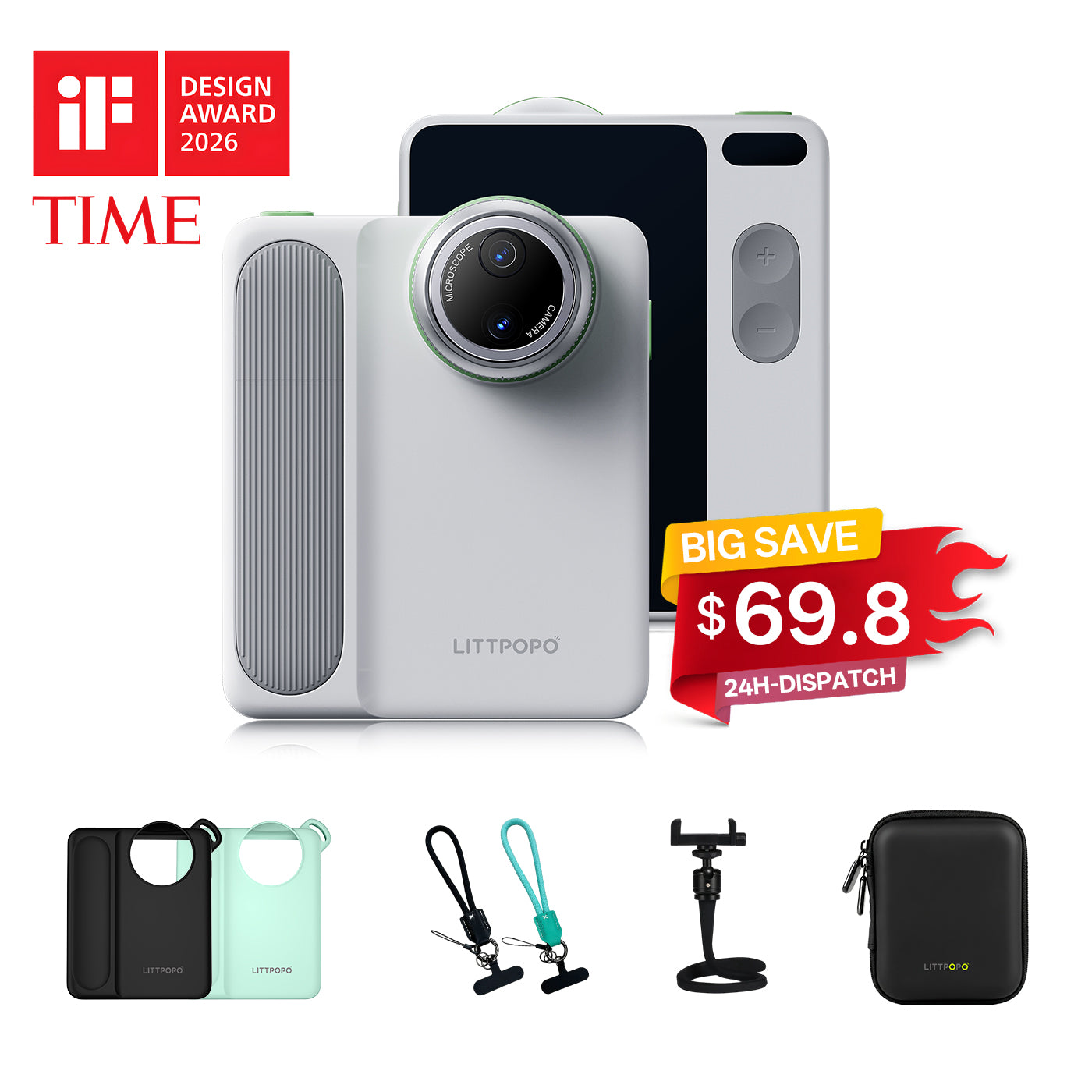 Littpopo camera with accessories and promotional text on a white background