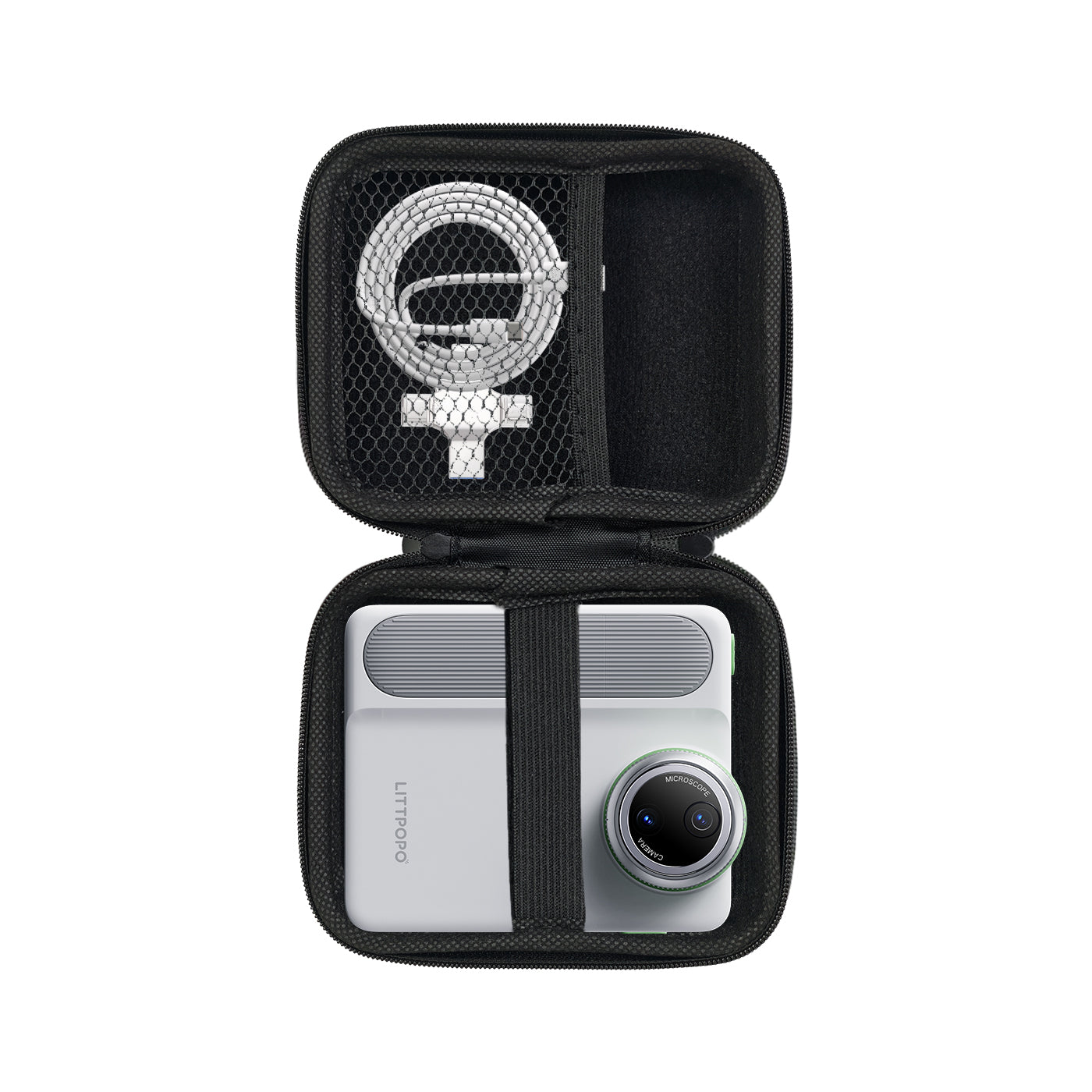 Black carrying case with a camera and lens inside on a white background