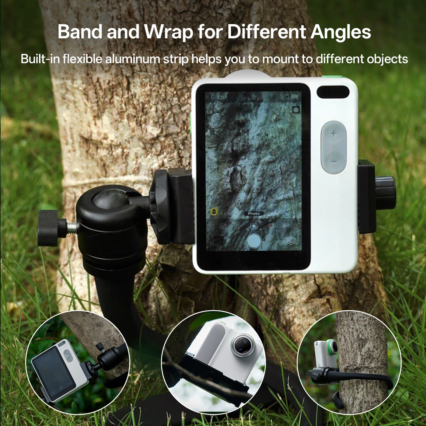 camera mount with flexible aluminum strip for different angles on a tree trunk.