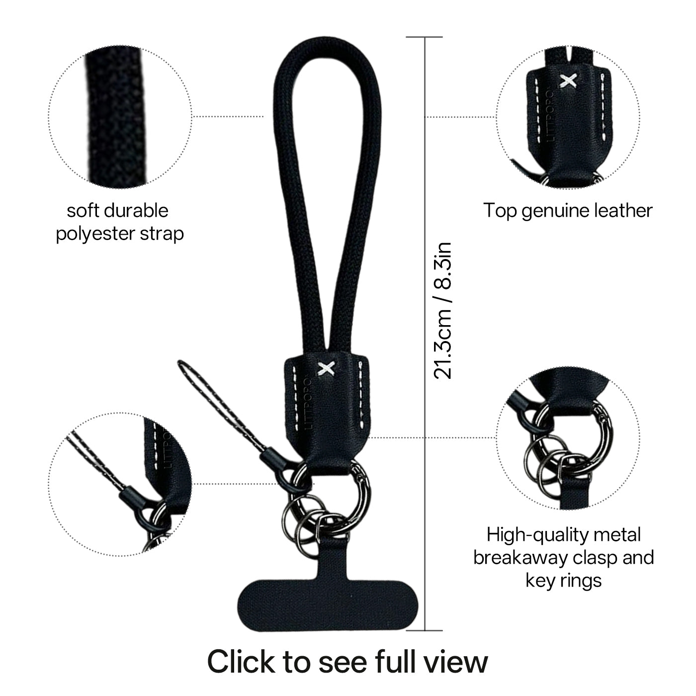 Black lanyard with detailed features and measurements on a white background