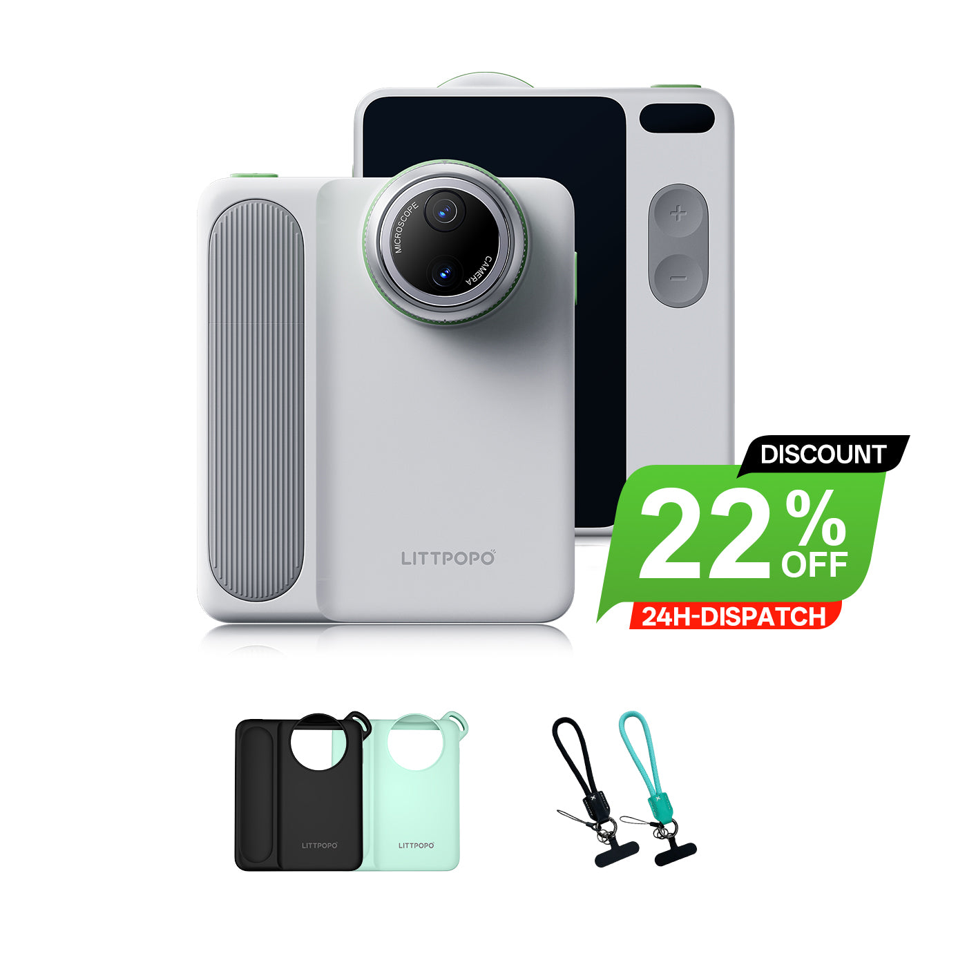 MicroCam X1 with camera cover, case, and strap on a white background with promotional text.