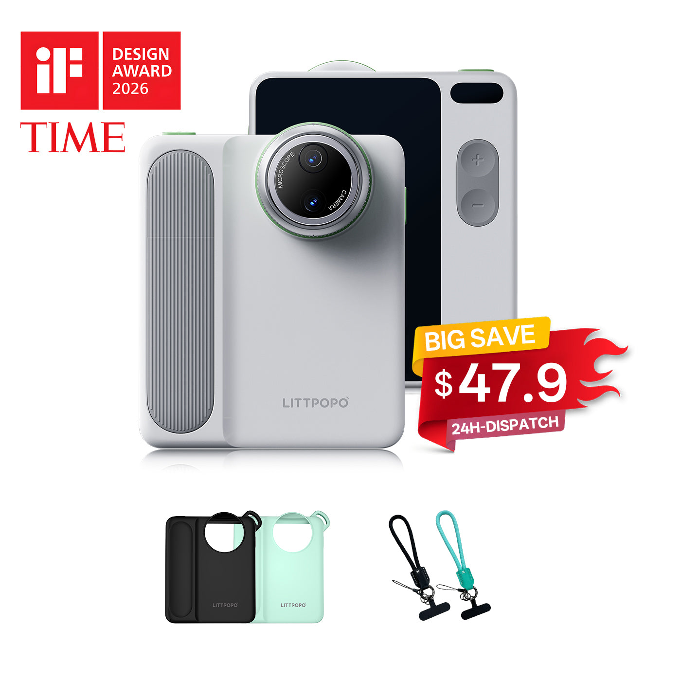 Littpopo camera device with accessories and promotional text on a white background