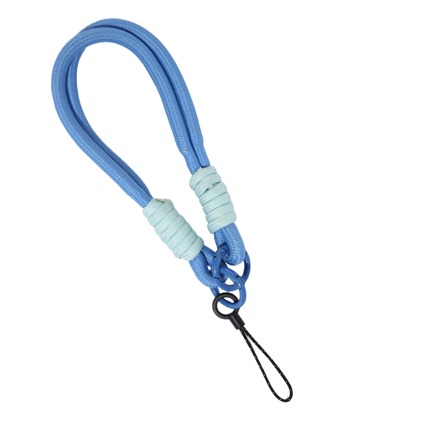 Blue lanyard with a black clip on a white background