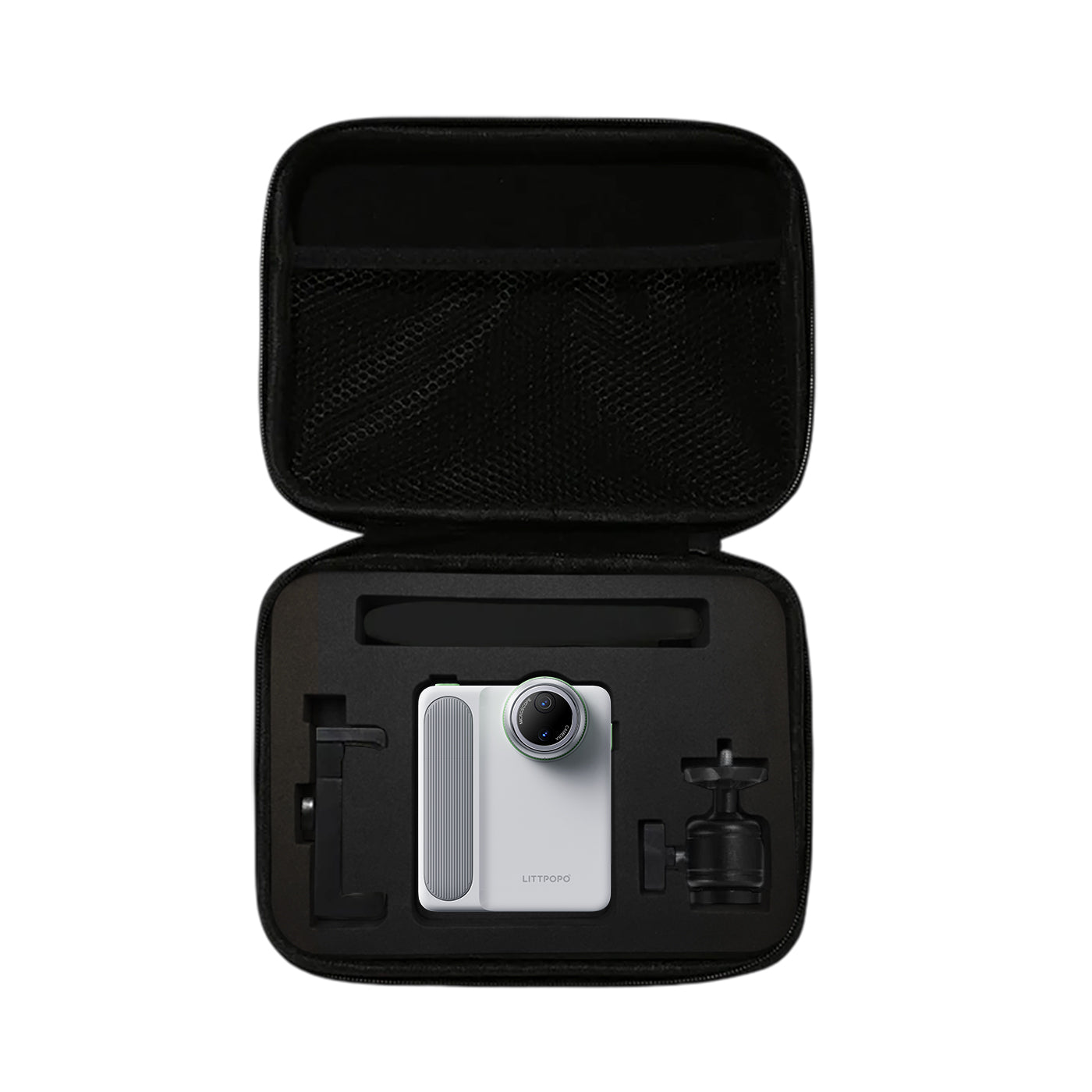 Camera in a black carrying case on a white background