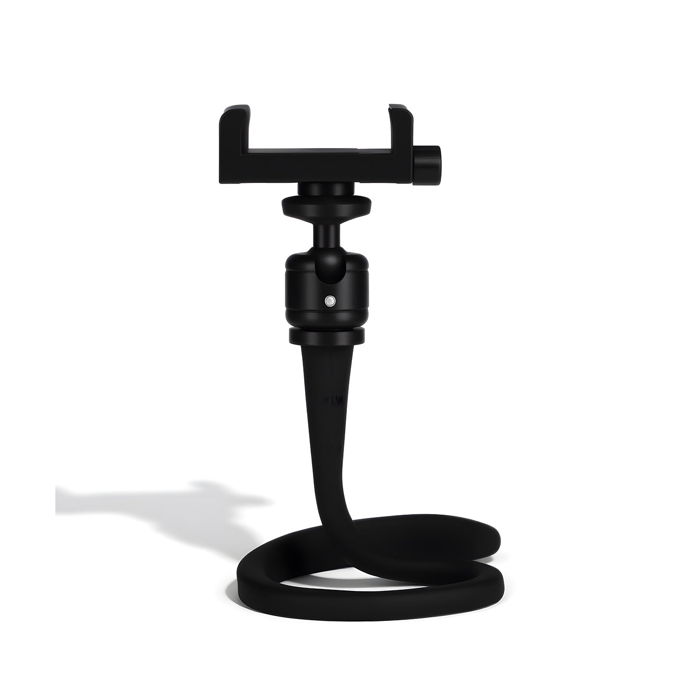 Black camera holder with flexible arm on a white background