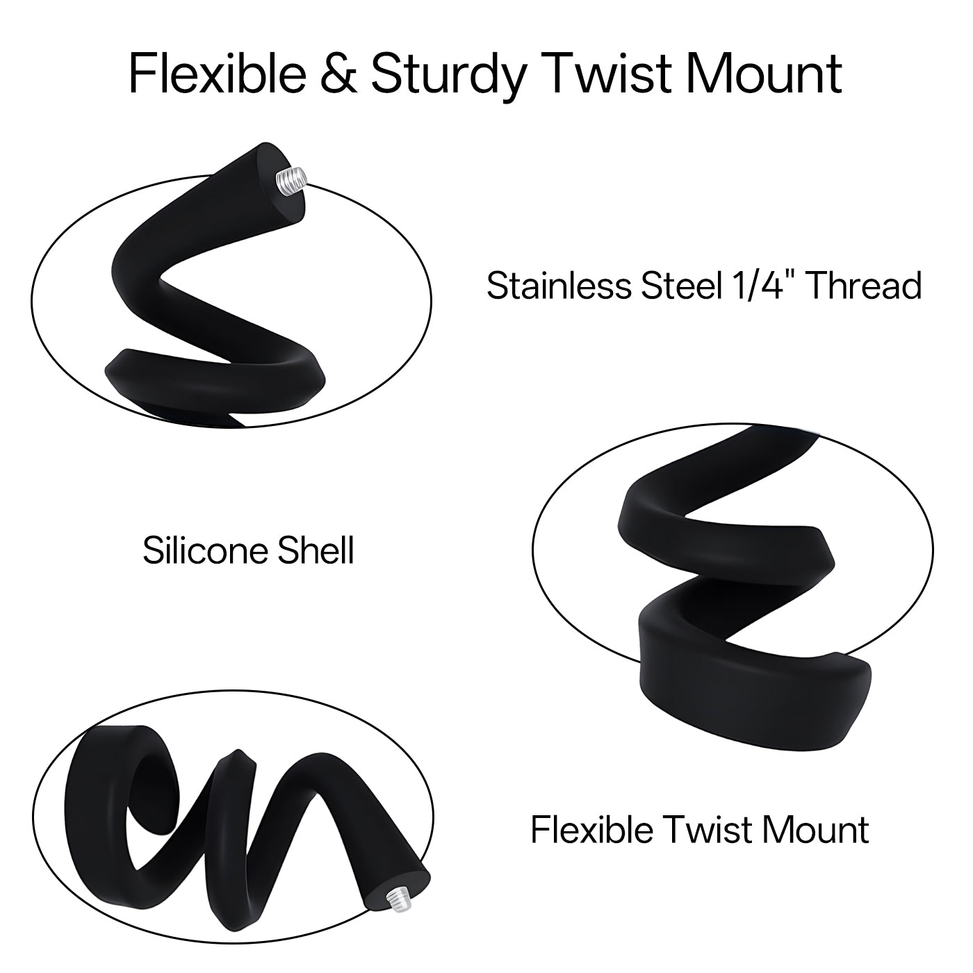 Illustration of a flexible and sturdy twist mount with stainless steel thread and silicone shell on a white background.