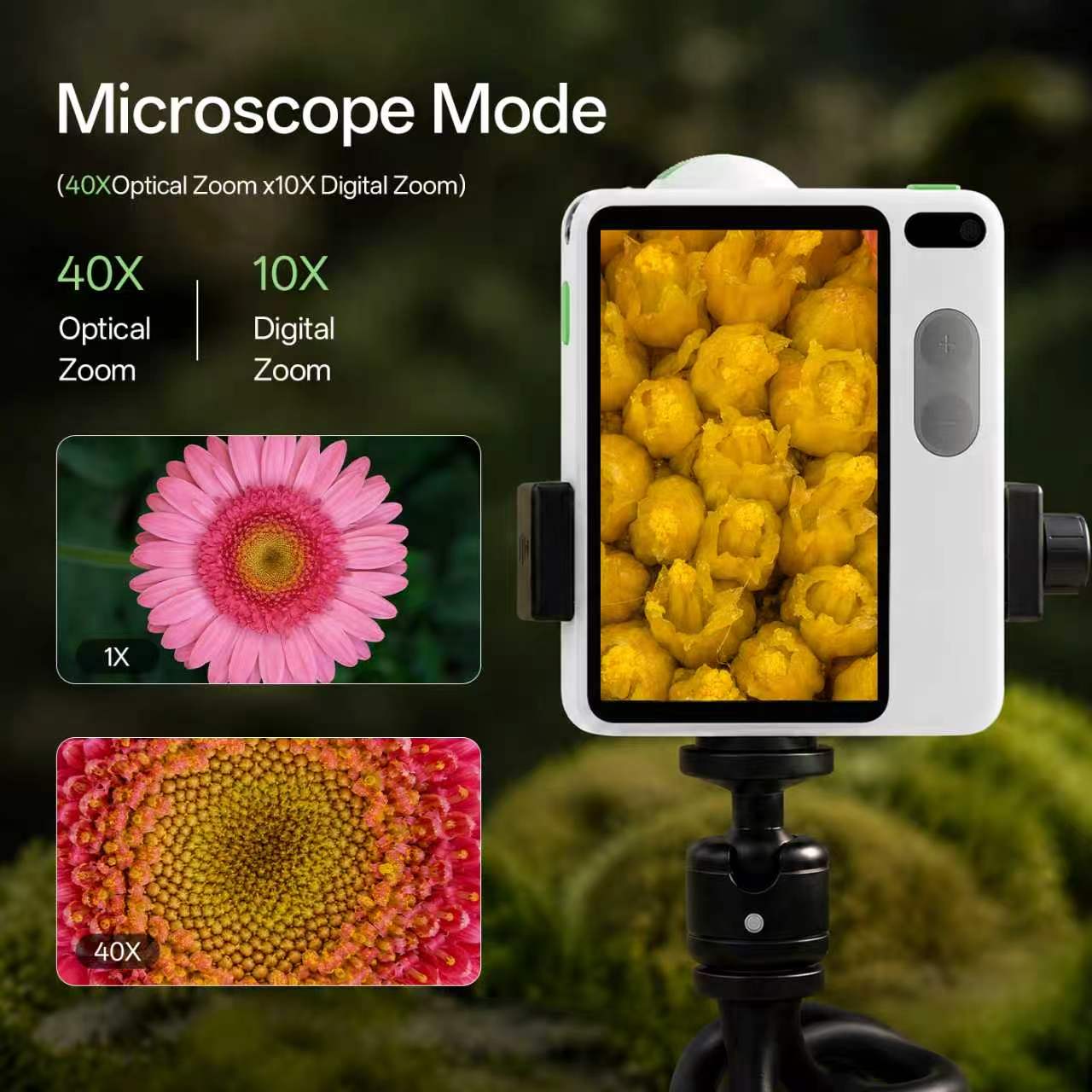 A white handheld microscope camera mount on a tripod with microcamX1 displaying a close-up of yellow flowers. The image includes marketing text reading 'Microscope Mode' and zoom claims, plus two inset flower close-ups showing optical and digital zoom results.