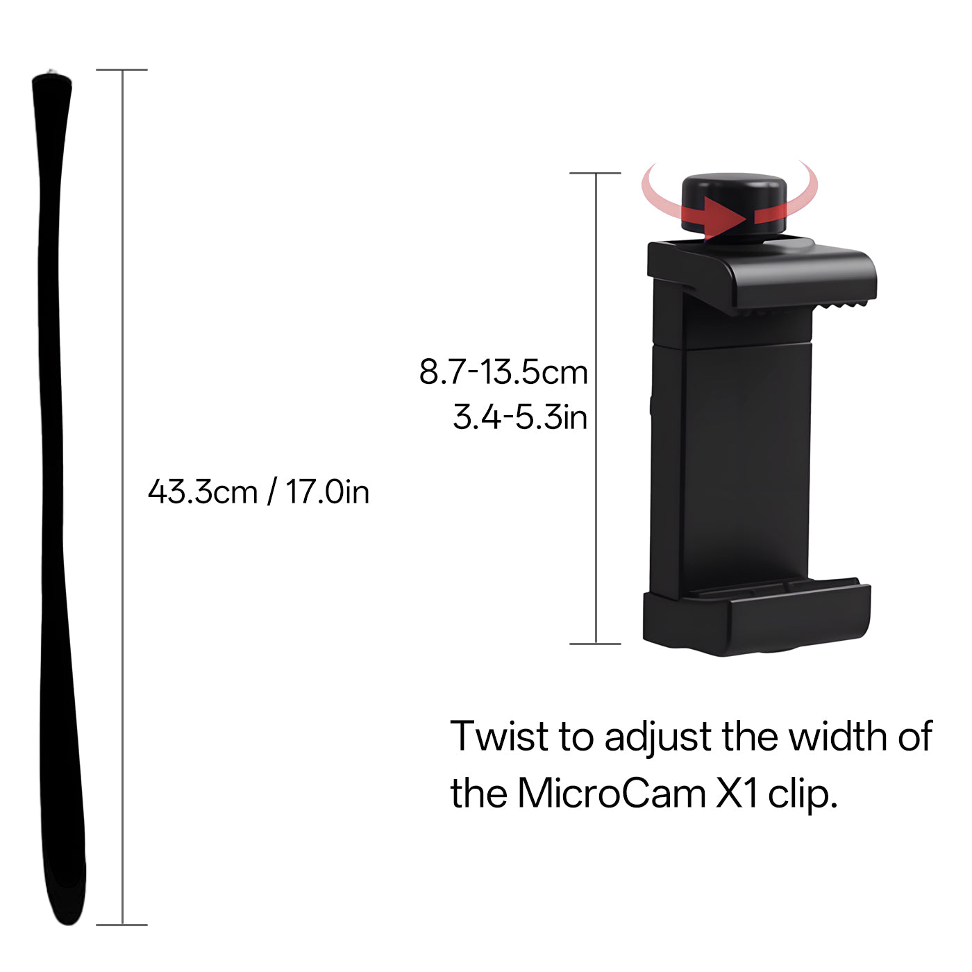 Black camera clip with adjustable width feature and measurement details on a white background