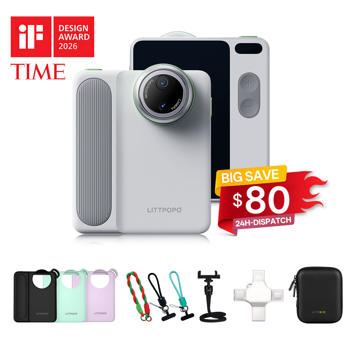 Littpopo camera with accessories and promotional text on a white background