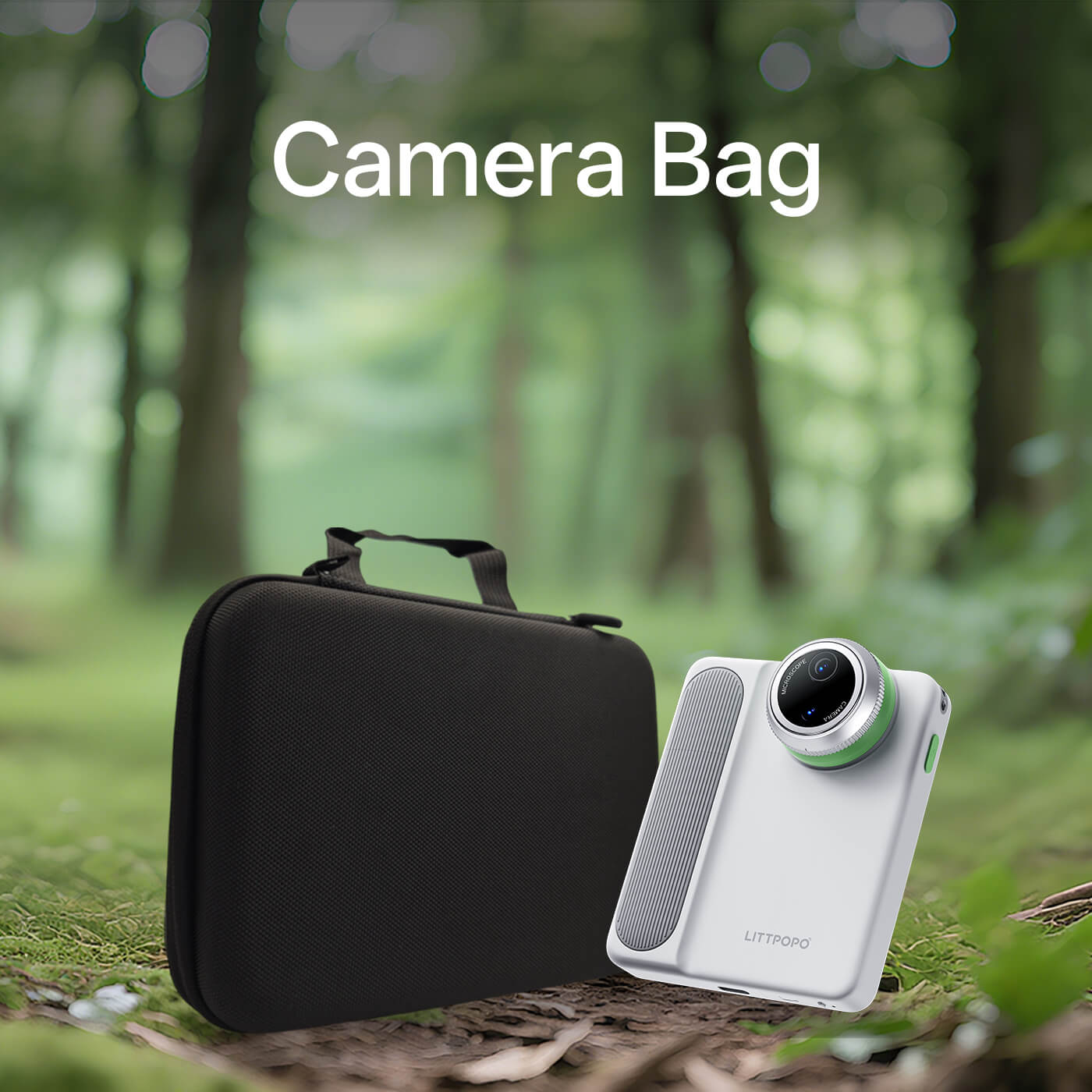Camera bag and camera on grass with forest background