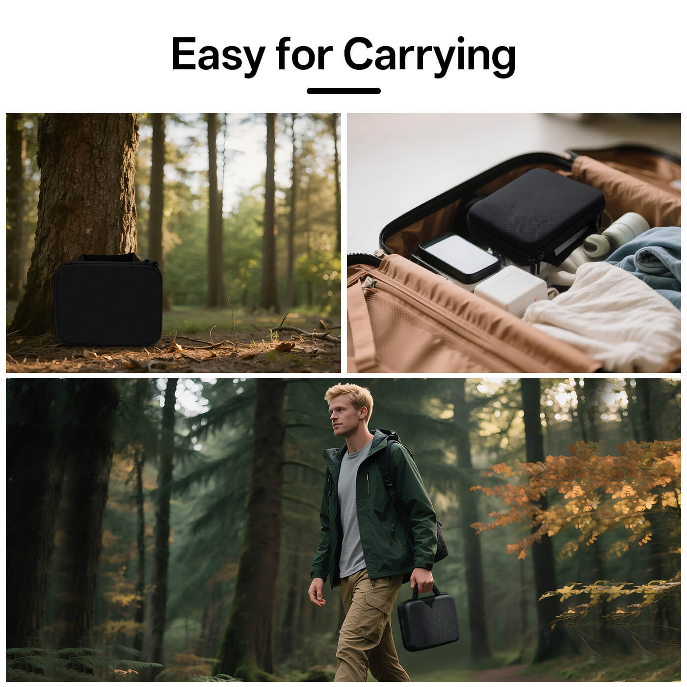Black bag shown in various settings with text 'Easy for Carrying'.