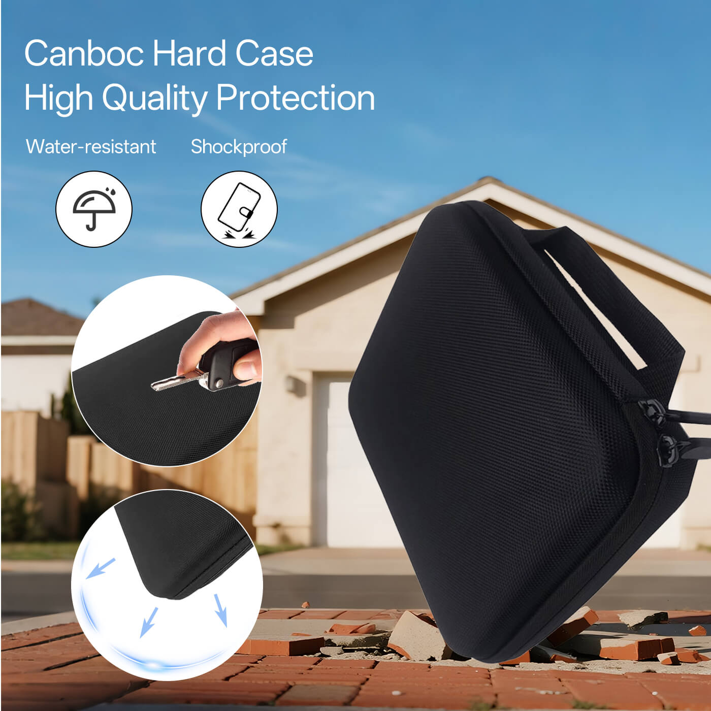 Black hard case with text 'Canboc Hard Case High Quality Protection' and icons indicating water-resistant and shockproof features, set against a suburban background.