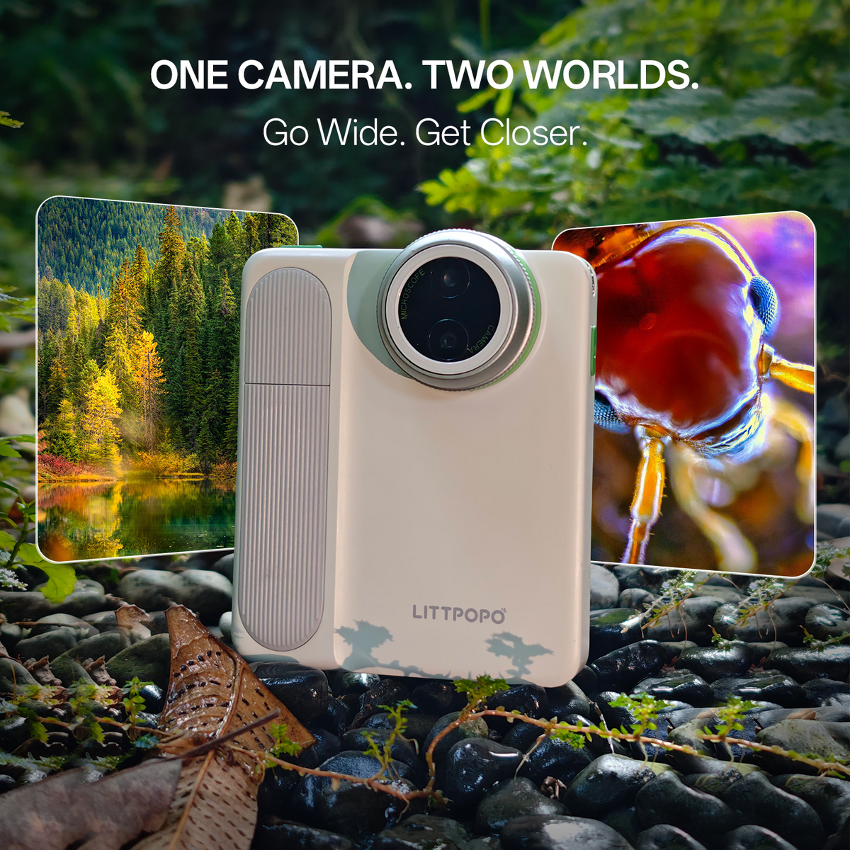 Littpopo MicroCam X1 dual lens camera showcasing landscape forest lake view and extreme close-up insect head shot side by side
