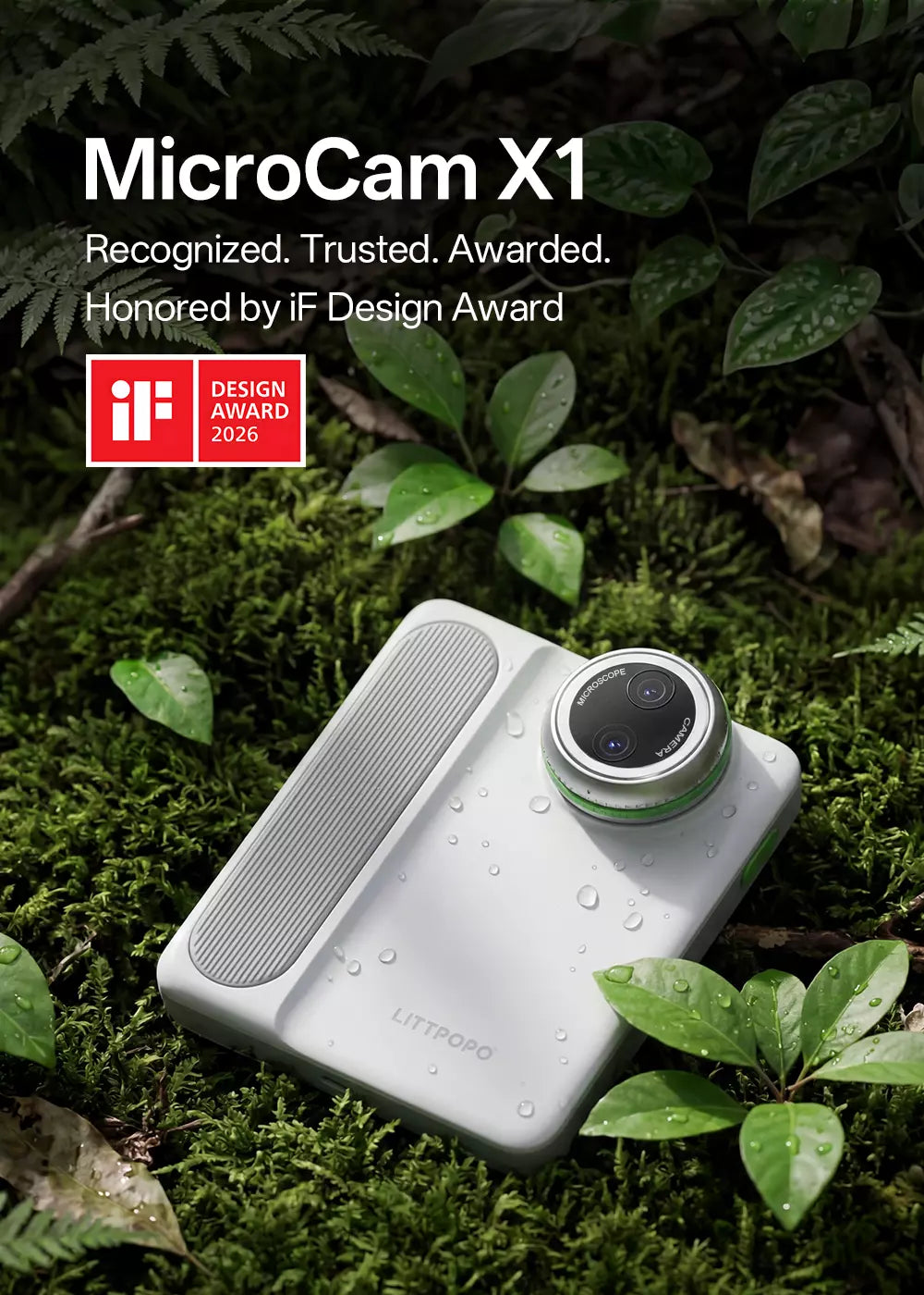 Littpopo MicroCam X1 portable digital microscope resting on a bed of green forest moss with water droplets, featuring an iF Design Award 2026 logo