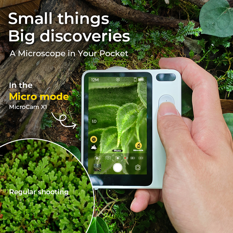 A hand holding the Littpopo MicroCam X1 showing a magnified close-up of green plant leaves in Micro Mode alongside a circular preview of regular shooting in the forest.