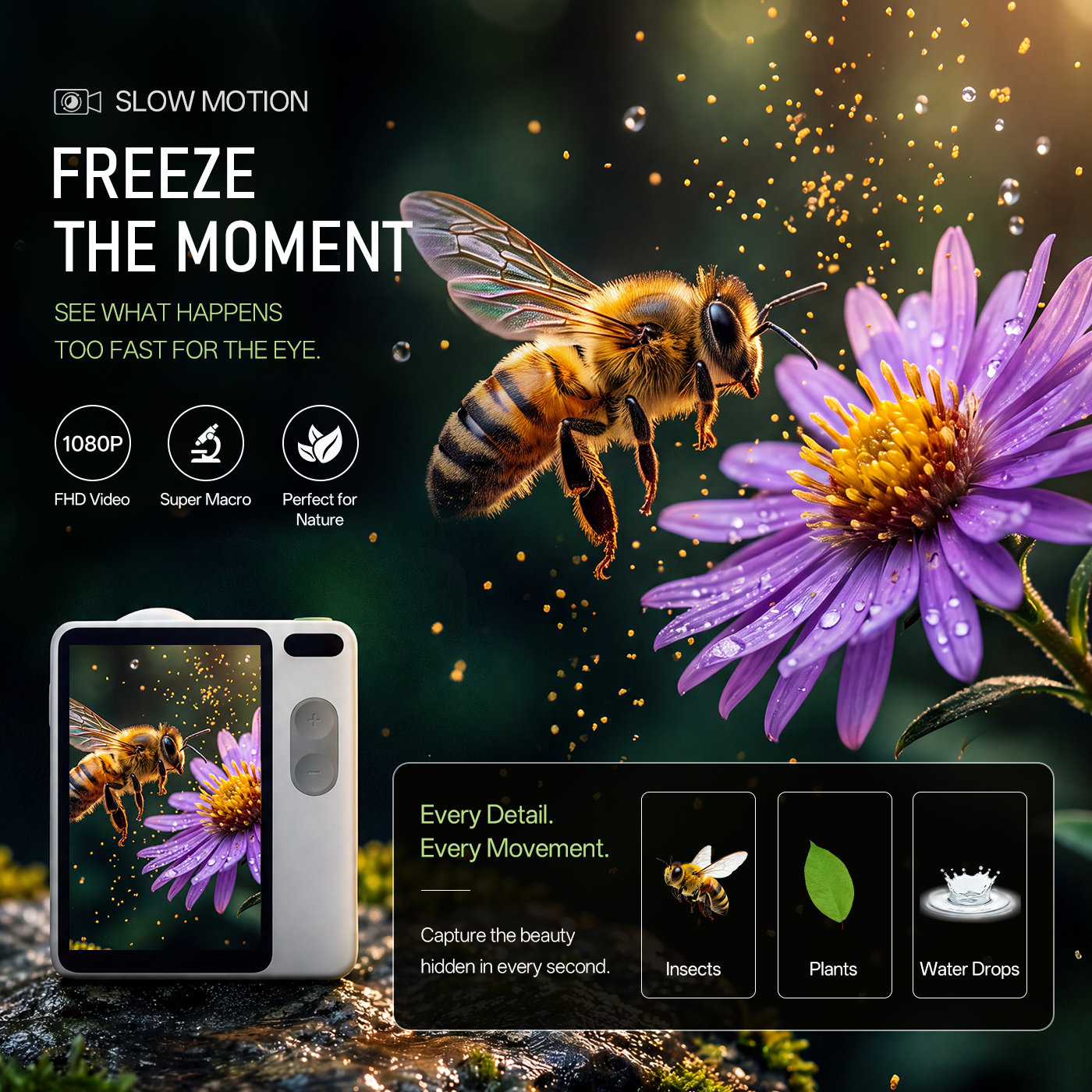 Promotional graphic for a slow-motion camera showing a bee flying near a purple flower, with text reading 'FREEZE THE MOMENT' and feature icons for 4K, Super Macro, and Perfect for Nature. A small camera device is shown at lower left, and a larger inset at lower right highlights insect, plant, and water drop details.
