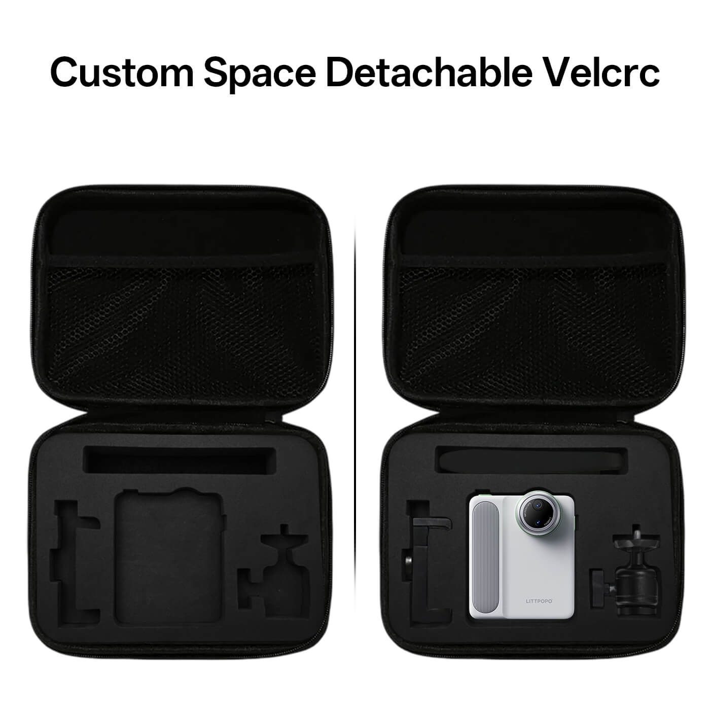 Black carrying case with a detachable Velcro component and a camera inside, labeled 'Custom Space Detachable Velcro'.