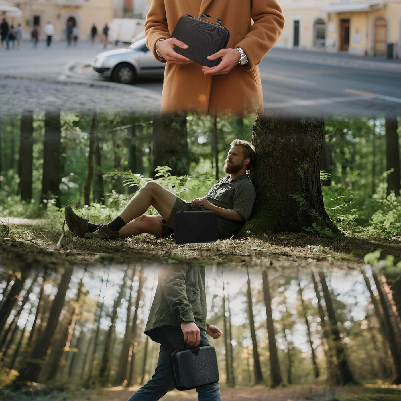Two scenes of a person with a black bag: one in an urban setting, the other in a park.