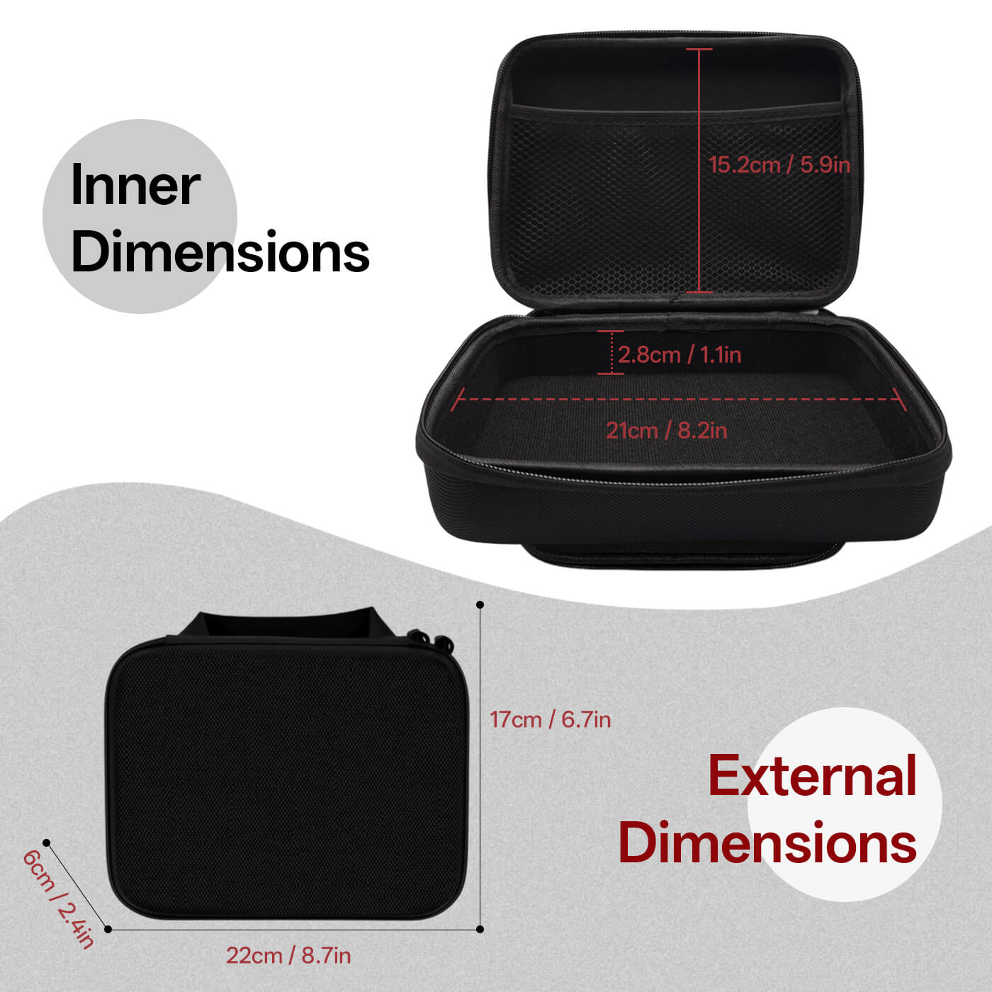 Black hard-shell travel case with dimensions labeled on a white background